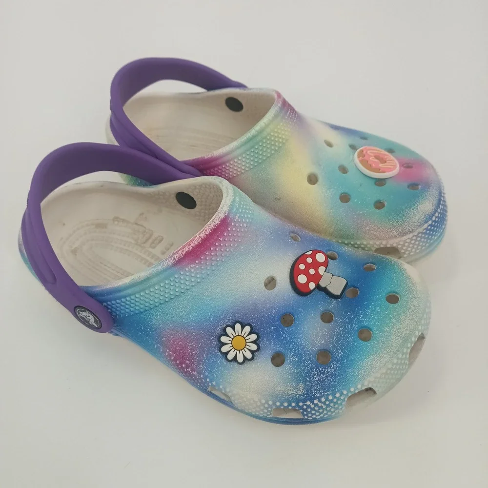 Crocs Kids Classic Tie Dye Galaxy Clogs Purple Blue J2 with Jibbitz Charms